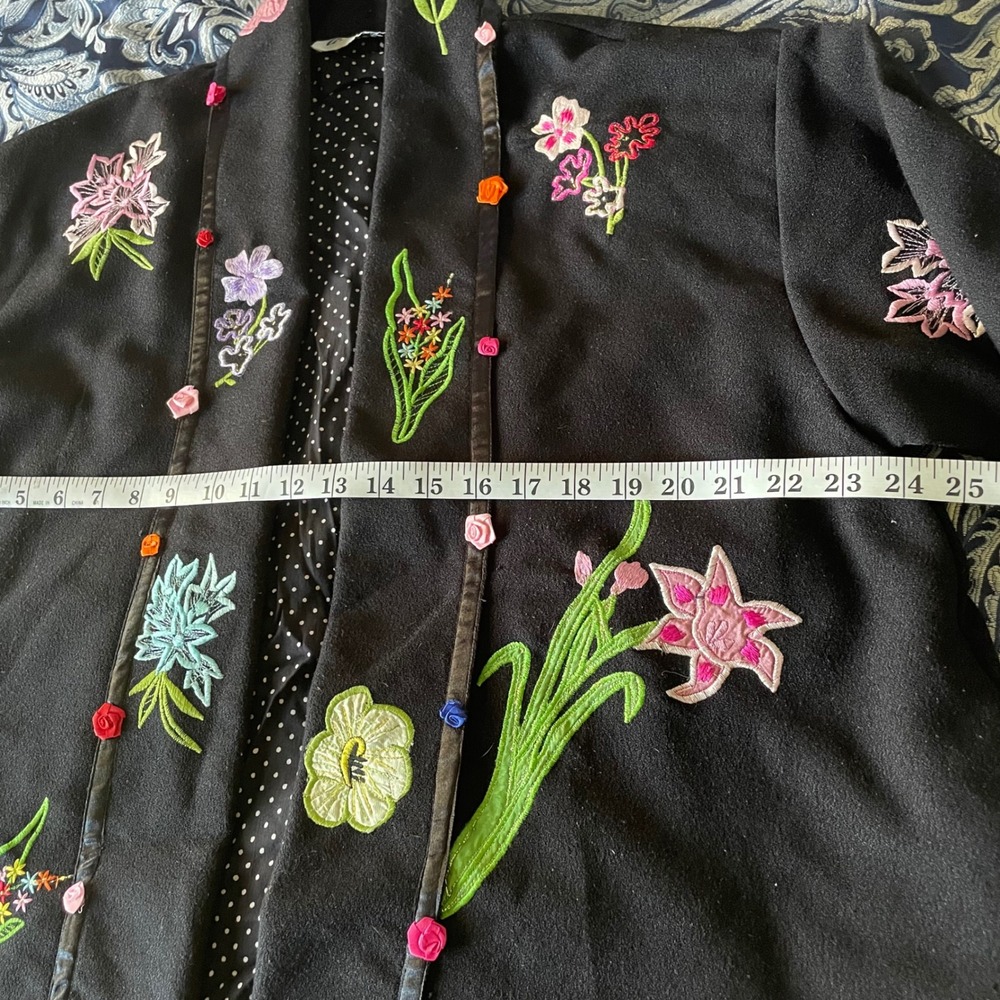 Anage Black Floral Embroidered Open Front Jacket 3D Ribbon Flowers Polka Dot OS‎ - Picture 10 of 16